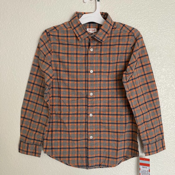Cat & Jack Plaid Long Sleeves Shirt Boys Medium 8 10 Button Down Orange Gray - Picture 2 of 6